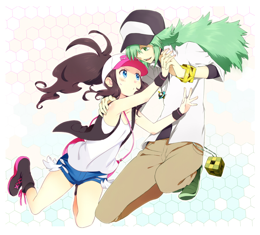 1girl bag bangle baseball_cap blue_eyes blush_stickers boots brown_hair couple denim denim_shorts flat_chest green_eyes green_hair hat holding_hands jewelry jumping n_(pokemon) necklace pokemon pokemon_(game) pokemon_black_and_white pokemon_bw ponytail pout purse saku_(pixiv526117) short_shorts shorts smile tank_top tmy0404 touko_(pokemon) vest void_cube