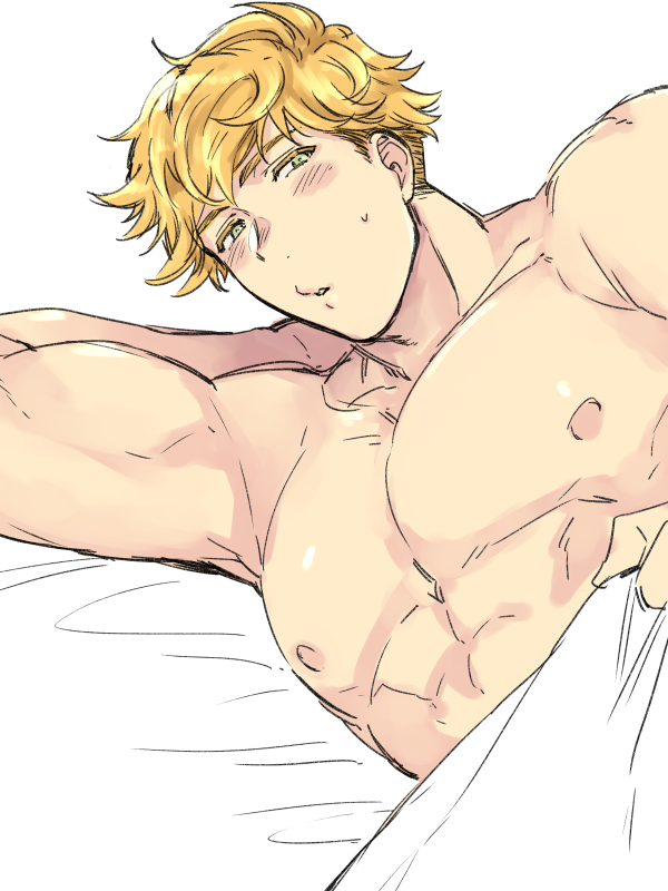 1boy abs bangs bed blonde_hair blush granblue_fantasy green_eyes large_pectorals looking_at_viewer lying male_focus muscular muscular_male nipples nude o3o on_bed on_side open_mouth pectorals pouty_lips sat_0804 short_hair solo under_covers upper_body vane_(granblue_fantasy) white_background