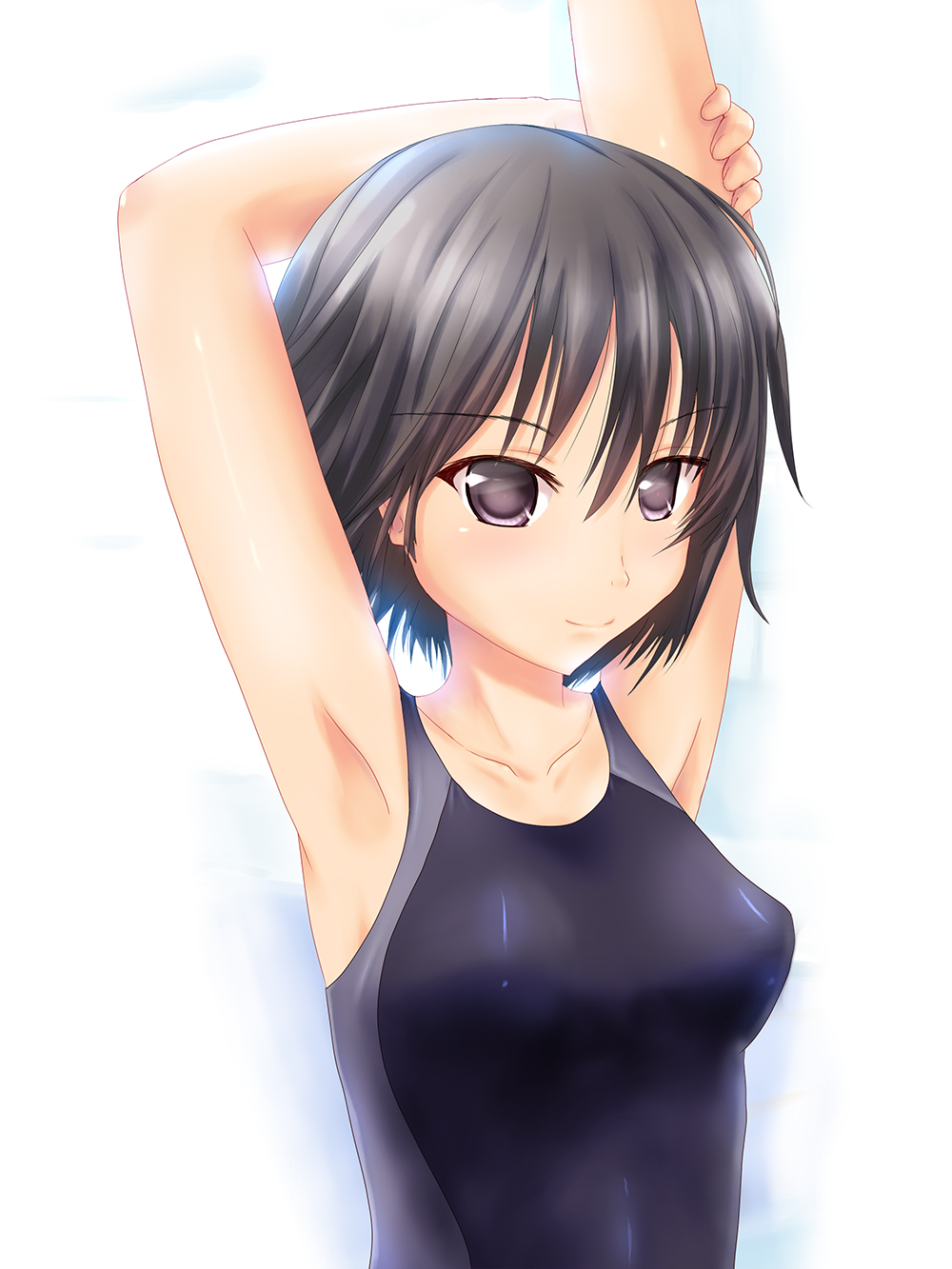 1girl amagami arms_up black_eyes black_hair competition_swimsuit highres nanasaki_ai one-piece_swimsuit shimoku short_hair solo swimsuit