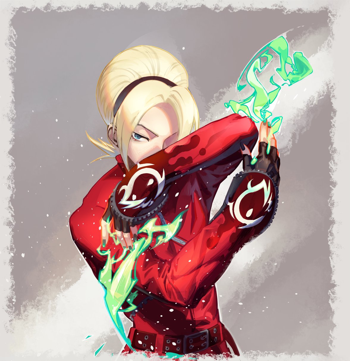 1boy ash_crimson bangs belt black_gloves black_hairband black_nails blonde_hair blue_eyes ffffcoffee fingerless_gloves fire gloves green_fire grey_background hairband highres long_sleeves looking_at_viewer one_eye_covered pyrokinesis red_shirt shirt short_hair snk solo the_king_of_fighters upper_body v-shaped_eyebrows