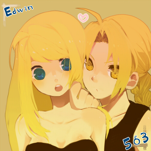 1girl artist_request blonde_hair blue_eyes couple edward_elric fullmetal_alchemist heart long_hair ponytail winry_rockbell yellow_eyes