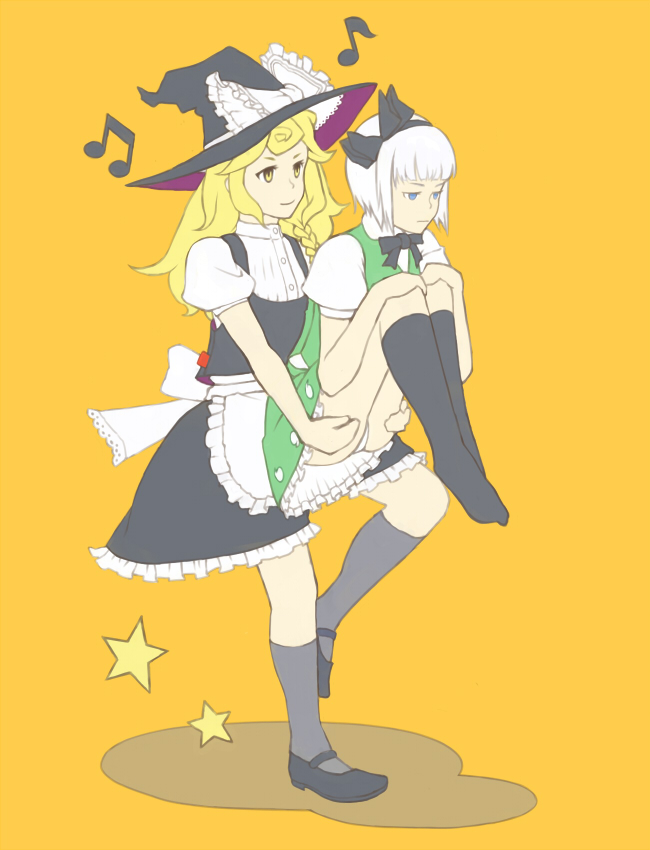 black_kneehighs blonde_hair blue_eyes bob_cut braid carrying hairband hat hat_ribbon kirisame_marisa kneehighs konpaku_youmu leg_hug long_hair musical_note new_super_marisa_land panties pantyshot pantyshot_sitting ribbon short_hair single_braid sitting socks star touhou underwear white_panties witch_hat yellow_eyes yogorou