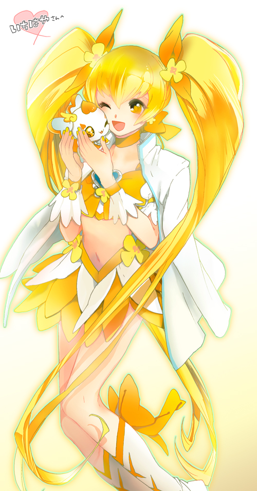 blonde_hair cure_sunshine dress heartcatch_precure! long_hair magical_girl myoudouin_itsuki potpurri precure twintails very_long_hair white_background yellow yellow_dress yellow_eyes yuriko_(kkk9)