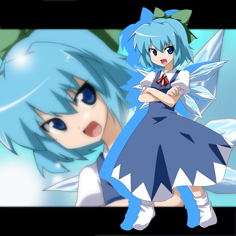 &gt;:) :d blue_eyes blue_hair bow cirno crossed_arms dress hair_bow kasukazu letterboxed no_shoes open_mouth ponytail smile solo touhou wings zoom_layer