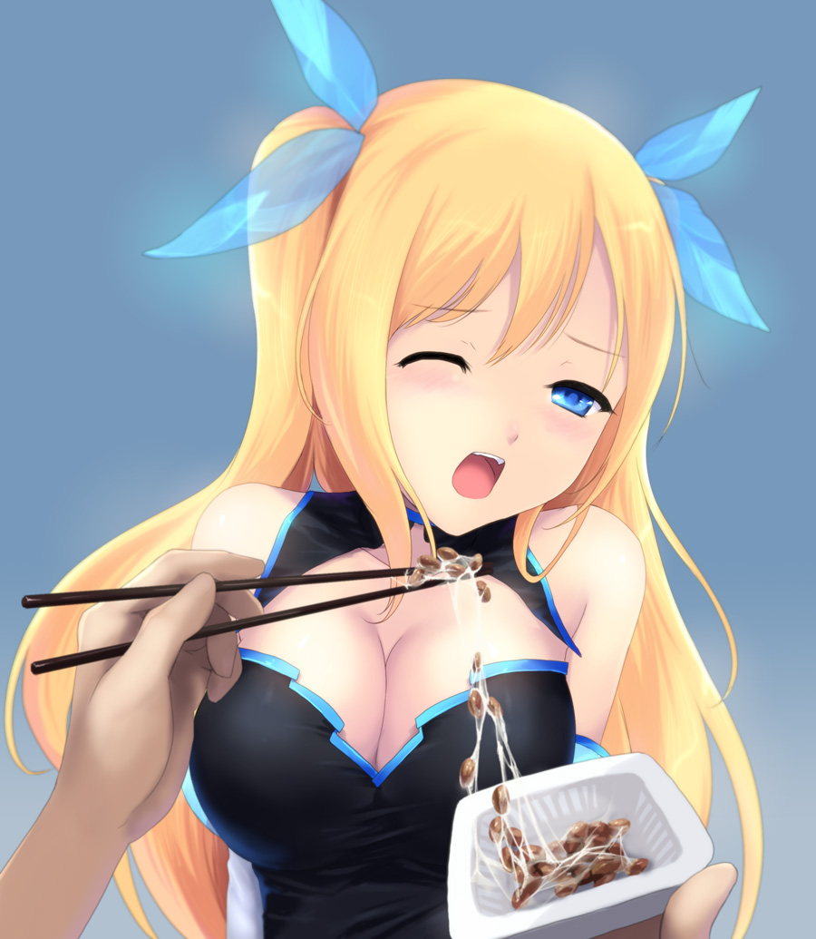 bare_shoulders blonde_hair blue_eyes blush breasts cait chopsticks cleavage detached_sleeves feeding hair_ornament hands large_breasts long_hair microsoft nattou open_mouth os pov_feeding silverlight simple_background solo taut_shirt wince wink