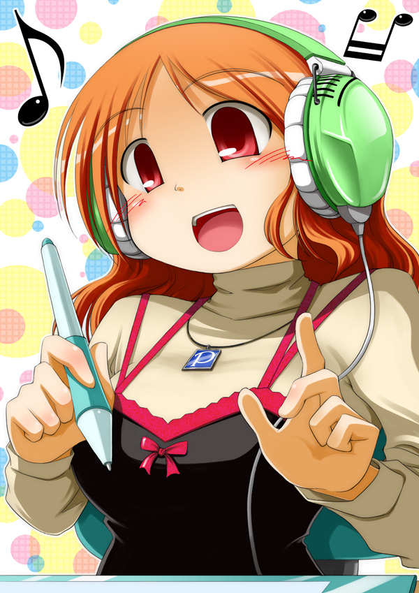 headphones jewelry musical_note orange_hair original pen pendant pixiv red_eyes solo