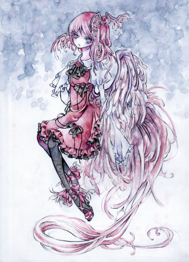 animal_ears colored_eyelashes eyelashes frills high_heels miri mystia_lorelei no_hat no_headwear pantyhose pink_hair shoes solo touhou traditional_media watercolor_(medium) wings