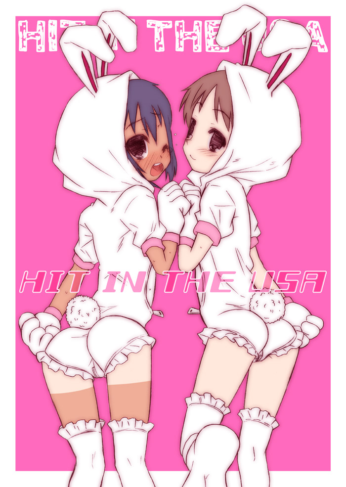 animal_ears ass black_hair brown_eyes brown_hair bunny_costume bunny_ears gloves hirasawa_ui k-on! looking_back nakano_azusa rabbit_ears shimo tan tanline thigh-highs thighhighs wink