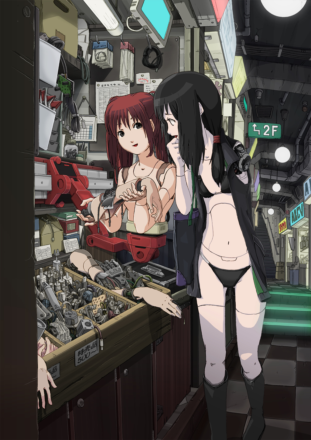 amputee arm bag bikini black_eyes black_hair boots checkered checkered_floor highres knee_boots mechanical original red_hair redhead robot_joints smile stairs sukabu swimsuit twintails