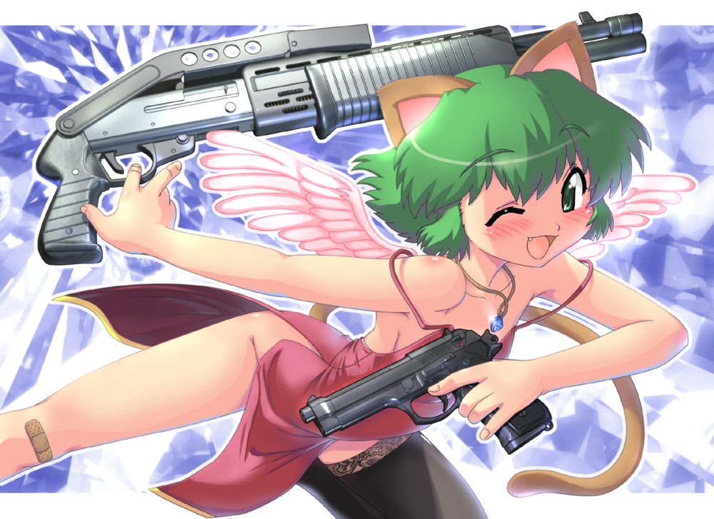 bandaid beretta_92 black_legwear black_thighhighs blush cat_ears cat_tail cocked_hammer fang flat_chest green_eyes green_hair gun handgun hase_yu jewelry no_panties nyano original pendant pistol short_hair shotgun side_slit single_thighhigh spas-12 strap_slip tail thigh-highs thighhighs trigger_discipline weapon wings wink