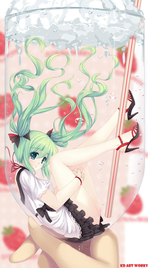 caidychen cup drink floating_hair food fruit glass hands hatsune_miku high_heels in_container in_cup in_food leg_hug legs looking_back minigirl nail_polish ribbon shoes skirt solo straw strawberry transparent twintails vocaloid