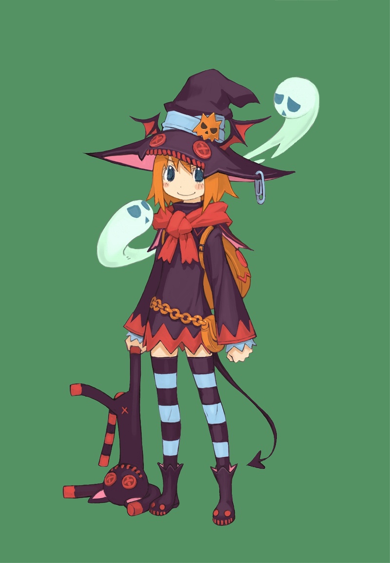 backpack bag bat_wings demon_girl demon_tail doll ghost hat long_sleeves orange_hair paper_clip scarf short_hair simple_background smile solo standing tail thigh-highs thighhighs wings witch_hat