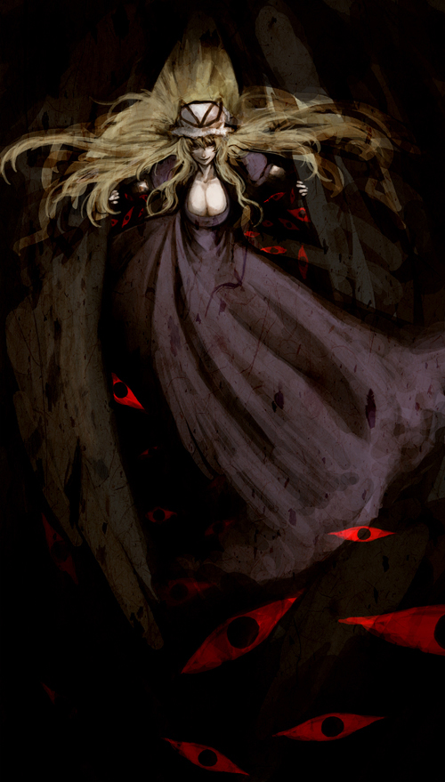 black blonde_hair blue_man breasts cleavage dark eyes hat long_hair solo touhou yakumo_yukari