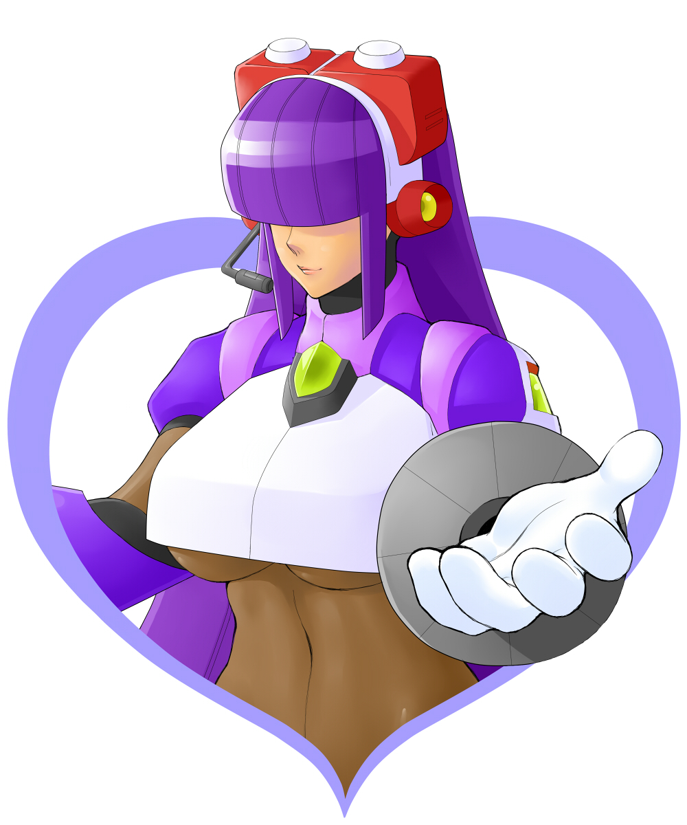 hair_over_eyes heart highres kakipii layer outstretched_hand purple_hair rockman rockman_x smile under_boob underboob