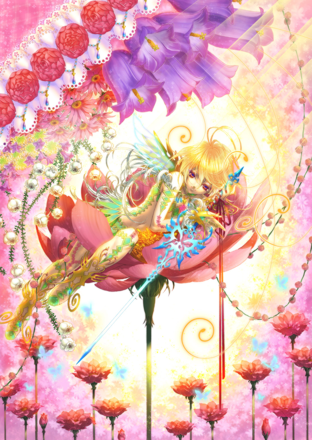 androgynous blonde_hair fairy flower highres male miniboy original ribbon short_hair smile solo sword usei_(lilick_lilith) weapon wings