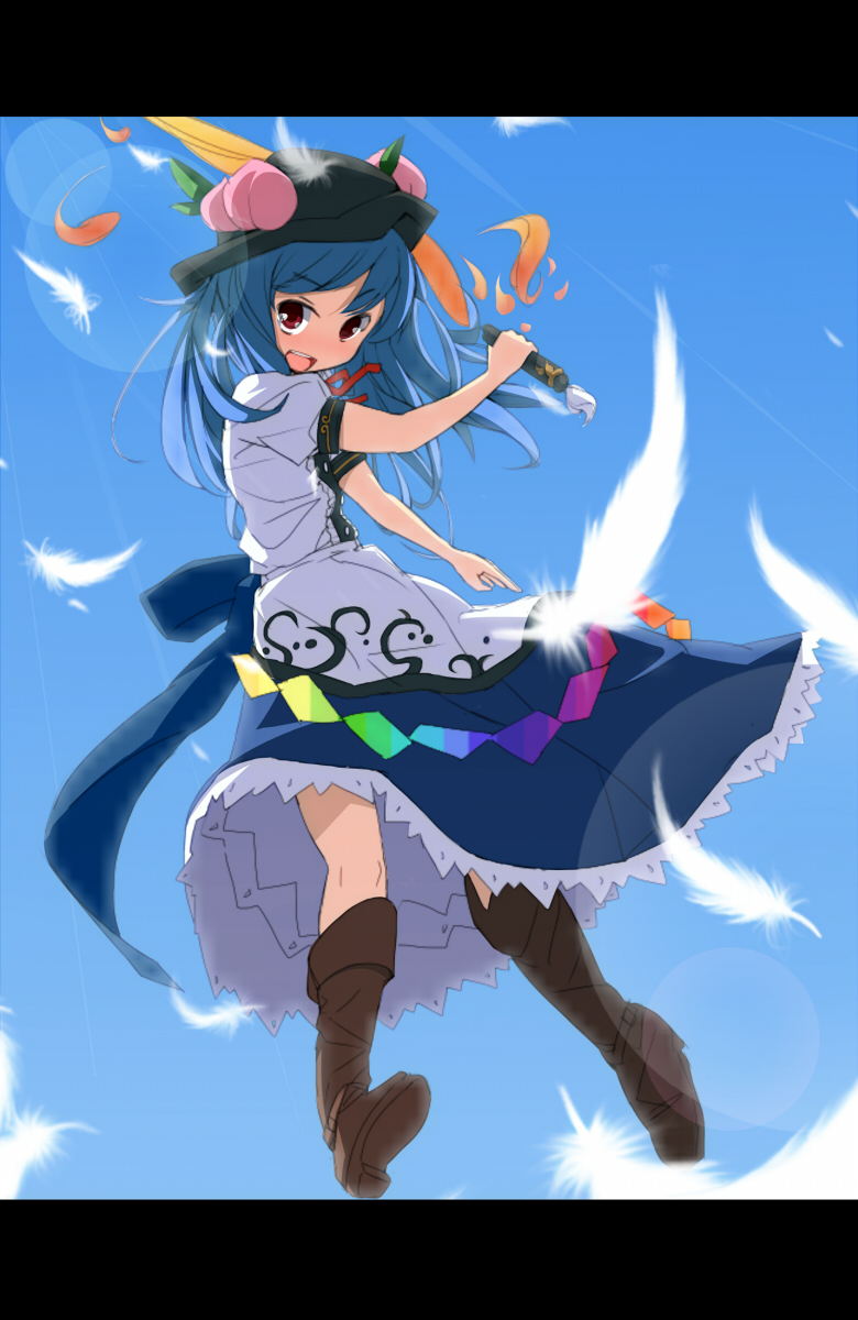 boots colored eto feathers flying food frills fruit hat highres hinanawi_tenshi lens_flare letterboxed long_hair long_skirt no_nose nutsiqu open_mouth peach red_eyes skirt sky smile solo sword sword_of_hisou touhou weapon