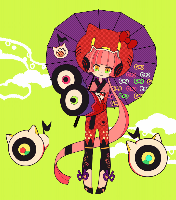 bodysuit bow hello_kitty helmet japanese_clothes long_hair multicolored_eyes musical_note nekomura_iroha oriental_umbrella parasol patterned pink_hair rarara-men sanrio smile speaker star umbrella very_long_hair vocaloid