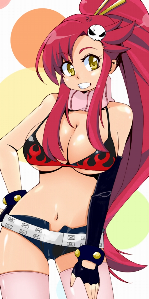 bikini_top breasts cleavage fingerless_gloves gloves grin hair_ornament large_breasts long_hair midriff momo_(fruits_box) pink_thighhighs ponytail red_hair redhead scarf short_shorts shorts smile solo striped striped_scarf studded_belt studded_bracelet tengen_toppa_gurren_lagann thigh-highs thighhighs under_boob underboob yellow_eyes yoko_littner