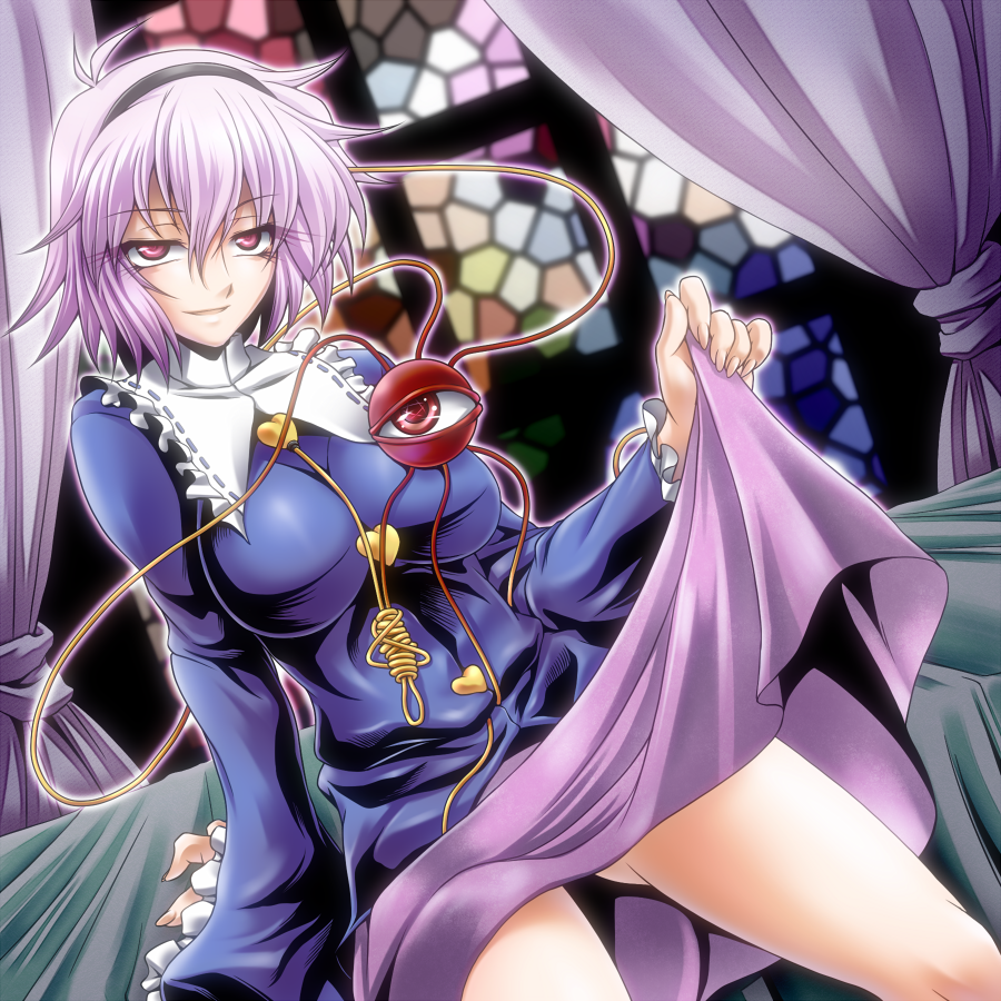 arm_support bed breasts curtains eyeball eyelashes hairband heart komeiji_satori large_breasts naughty_face ootsuki_wataru purple_hair red_eyes short_hair sitting skirt skirt_lift smile solo stained_glass thighs third_eye touhou