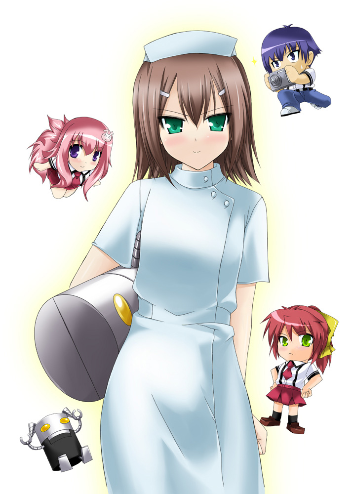 brown_hair camera chibi crossover green_eyes himeji_mizuki kinoshita_hideyoshi makishima_rin mechazawa_shin'ichi mechazawa_shinichi miniboy minigirl nurse robot sakigake!!_cromartie_koukou school_uniform shimada_minami short_hair trap tsuchiya_kouta