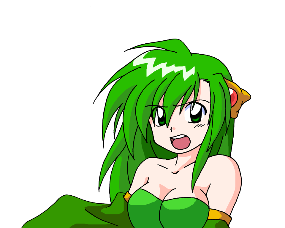 bad_id bare_shoulders breasts cleavage final_fantasy final_fantasy_iv green_eyes green_hair hair_ornament horus_(artist) long_hair open_mouth rydia solo