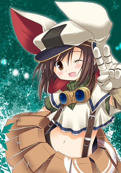 blush brown_eyes brown_hair gloves goggles hat midriff navel open_mouth patoto pouch rathty short_hair smile solo tears_to_tiara v wink