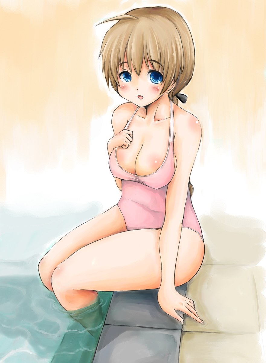 arm_support blue_eyes braid breasts brown_hair cleavage feet_in_water haruyuki highres large_breasts long_hair lynette_bishop one-piece_swimsuit open_mouth ripples single_braid sitting soaking_feet solo strike_witches swimsuit taut_shirt water