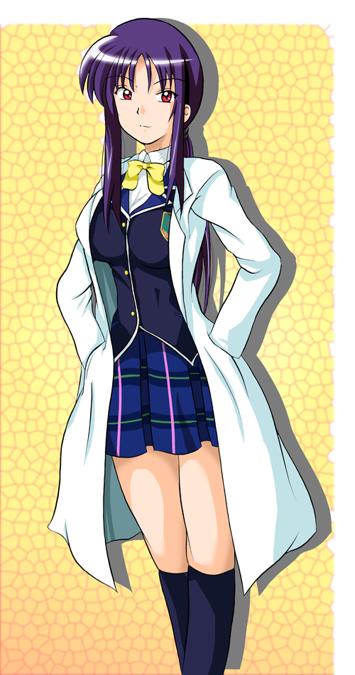 breasts hands_on_hips labcoat large_breasts long_hair ookura_miyako plaid_skirt pleated_skirt ponytail purple_hair red_eyes school_uniform skirt socks solo tartan tawake tokimeki_memorial tokimeki_memorial_4