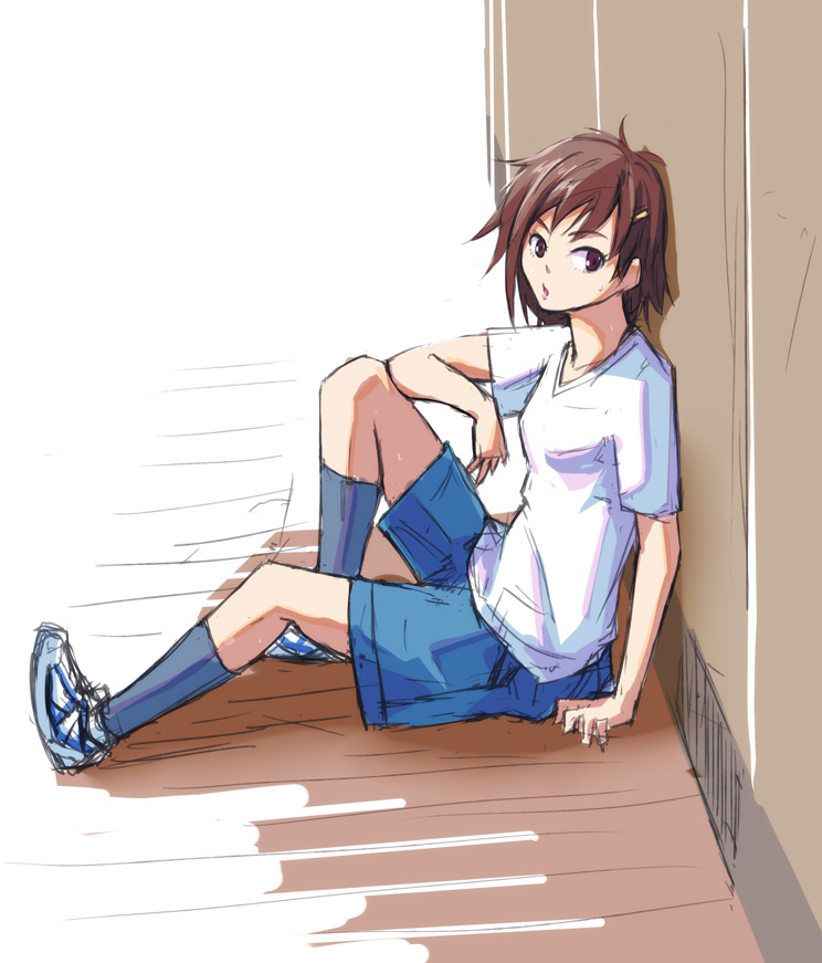 1girl amagami itou_kanae_(amagami) kaoru348 shorts sitting solo t-shirt