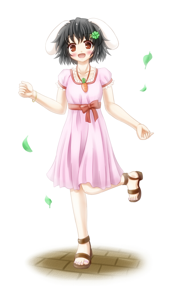 aonagi_ibane bunny_ears carrot clover dress four-leaf_clover inaba_tewi jewelry necklace pendant pink_dress rabbit_ears ribbon running sandals simple_background touhou