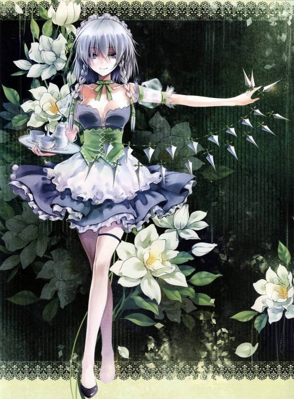 alternate_costume alternate_hairstyle artist_request between_fingers blue_eyes braid breasts cleavage corset crossed_legs_(standing) cup flower hair_ribbon high_heels izayoi_sakuya jpeg_artifacts knife kunai legs maid maid_headdress mug outstretched_arm ribbon shoes short_hair silver_hair skirt smile solo tea teacup teapot thigh_strap too_many_knives touhou tray