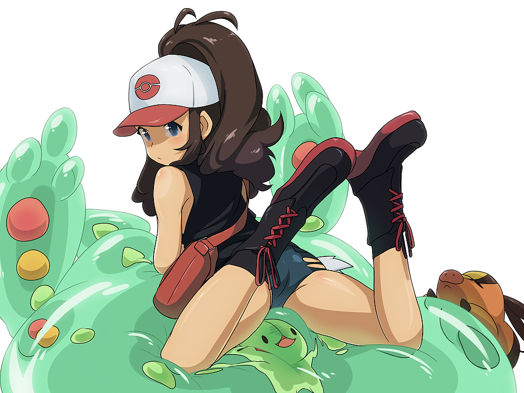 baseball_cap blue_eyes boots brown_hair denim denim_shorts hat pokemon pokemon_(game) pokemon_black_and_white pokemon_bw ponytail pu-chin reuniclus shorts tepig thighs touko_(pokemon) vest