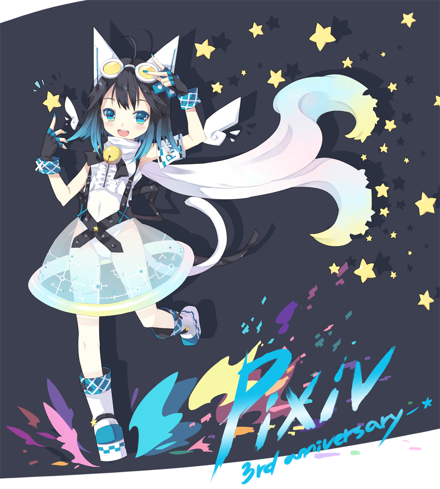 animal_ears bell bell_collar belt blue_eyes cat_ears collar dress fingerless_gloves gloves goggles goggles_on_head gradient_hair multicolored_hair nyanya pixiv pixiv-tan scarf see-through solo star suspenders tail