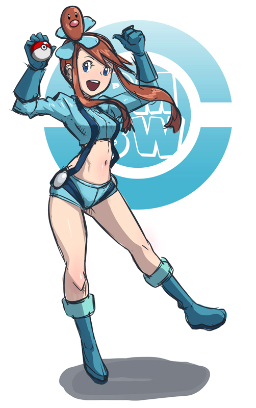 blue_eyes boots brown_hair diglett eroquis fuuro_(pokemon) gloves gym_leader hair_ornament holding holding_poke_ball midriff navel open_mouth poke_ball pokemon pokemon_(game) pokemon_black_and_white pokemon_bw shadow short_shorts shorts solo suspenders twintails