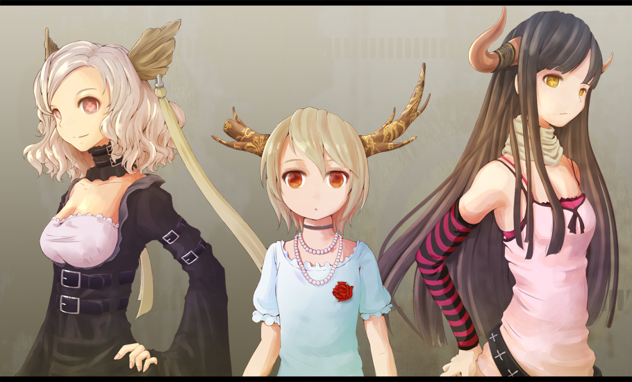3girls amano_(bemaec) arm_warmers bad_id belt choker flower horns jewelry letterboxed long_hair multiple_girls necklace original red_rose rose striped symbol-shaped_pupils wavy_hair