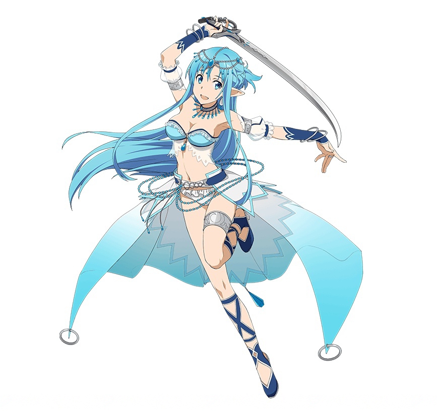 1girl asuna_(sao) asuna_(sao-alo) blue_bra blue_eyes blue_hair bra breasts cleavage holding holding_sword holding_weapon long_hair matching_hair/eyes medium_breasts navel open_mouth panties pointy_ears simple_background solo strapless strapless_bra sword sword_art_online underwear watermark weapon white_background white_panties