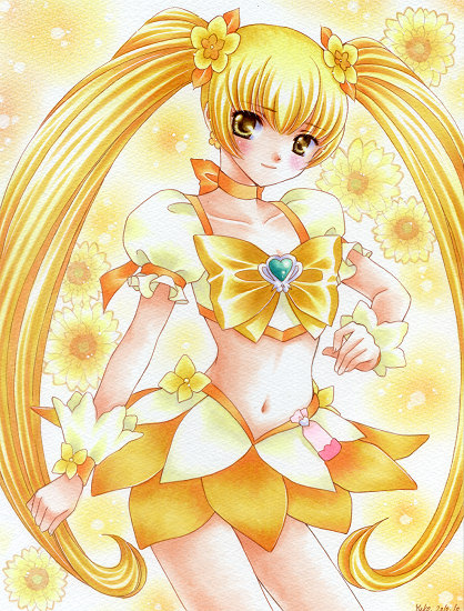 bad_id blush cure_sunshine floral_background heartcatch_precure! long_hair magical_girl midriff myoudouin_itsuki navel orange_dress precure skirt solo traditional_media twintails yellow yellow_background yellow_eyes yukiou