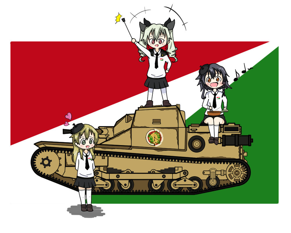 3girls anchovy anzio_(emblem) anzio_school_uniform black_hair black_hat black_skirt blonde_hair braid carpaccio carro_veloce_cv-33 dress_shirt drill_hair dspring426 emblem girls_und_panzer green_eyes ground_vehicle hat heart long_hair military military_vehicle miniskirt motor_vehicle multiple_girls pepperoni_(girls_und_panzer) pleated_skirt school_uniform shirt short_hair skirt smile spoken_heart tank twin_drills white_shirt younger