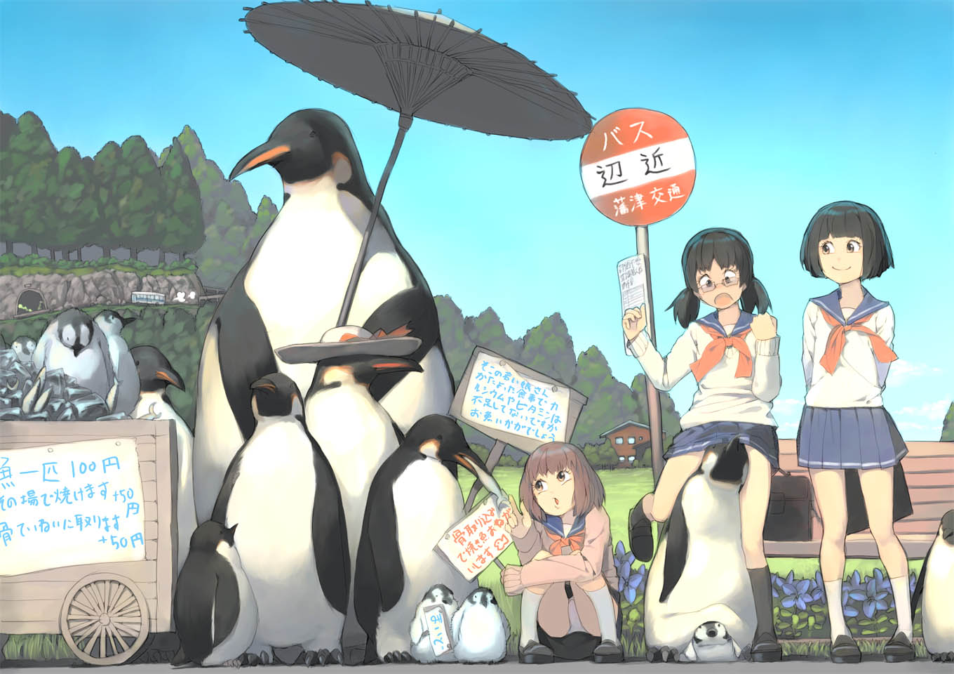 akinbo_(hyouka_fuyou) animal baby_penguin bag bench bird black_hair black_legwear blue_sky bow brown_hair building bus bus_stop cart eating feeding fish flower hat hat_bow holding house kneehighs legs motor_vehicle multiple_girls oriental_umbrella original oversized_animal panties pantyshot penguin pleated_skirt road school_bag school_uniform serafuku short_hair sign skirt sky squatting standing translation_request tunnel umbrella underwear upskirt vehicle white_legwear