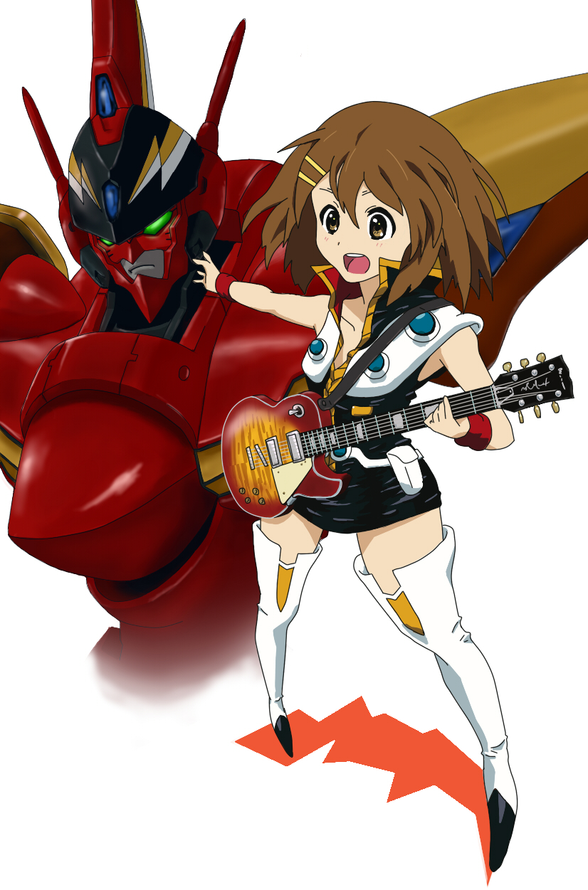 electric_guitar fire_valkyrie gibson guitar highres hirasawa_yui instrument k-on! macross macross_7 mecha moetetsu nekki_basara parody simple_background thighhighs vf-19