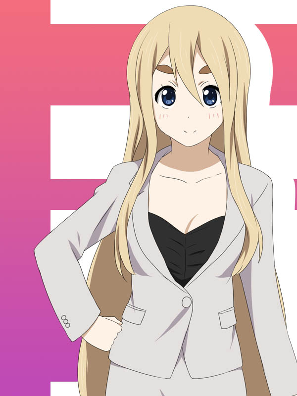 blonde_hair blue_eyes breasts business_suit bust cleavage face formal hand_on_hip ikari_manatsu k-on! kotobuki_tsumugi long_hair office_lady pant_suit solo suit very_long_hair