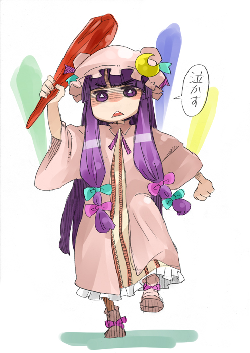 bow club crescent crescent_moon crystal ebi_(daidalwave) hat long_hair patchouli_knowledge purple_eyes purple_hair solo touhou translated violet_eyes weapon