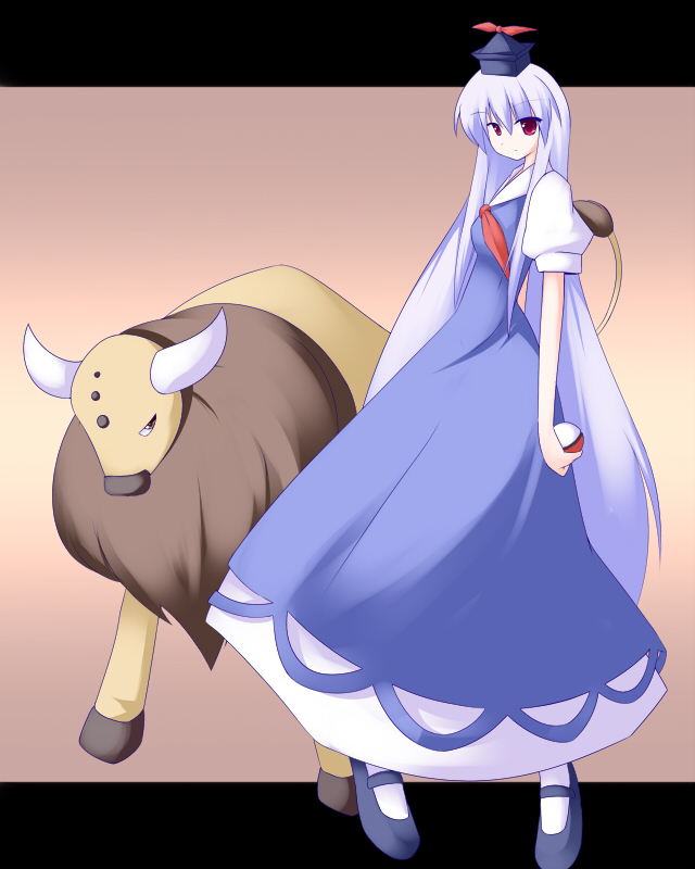 1girl crossover dress hat kamishirasawa_keine long_hair mary_janes miyo_(miyomiyo01) poke_ball pokemon pokemon_(creature) red_eyes shoes silver_hair tauros touhou very_long_hair