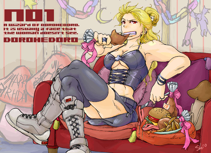 armpit artist_request boots bracelet breasts burger chicken couch cross crossed_legs dorohedoro drumstick eating engrish food fork french_fries ham hamburger happy_birthday inverted_cross jewelry lipstick meat muscle muscles mushroom noi_(dorohedoro) pillow ranguage red_eyes ring sitting skull thigh-highs thighhighs