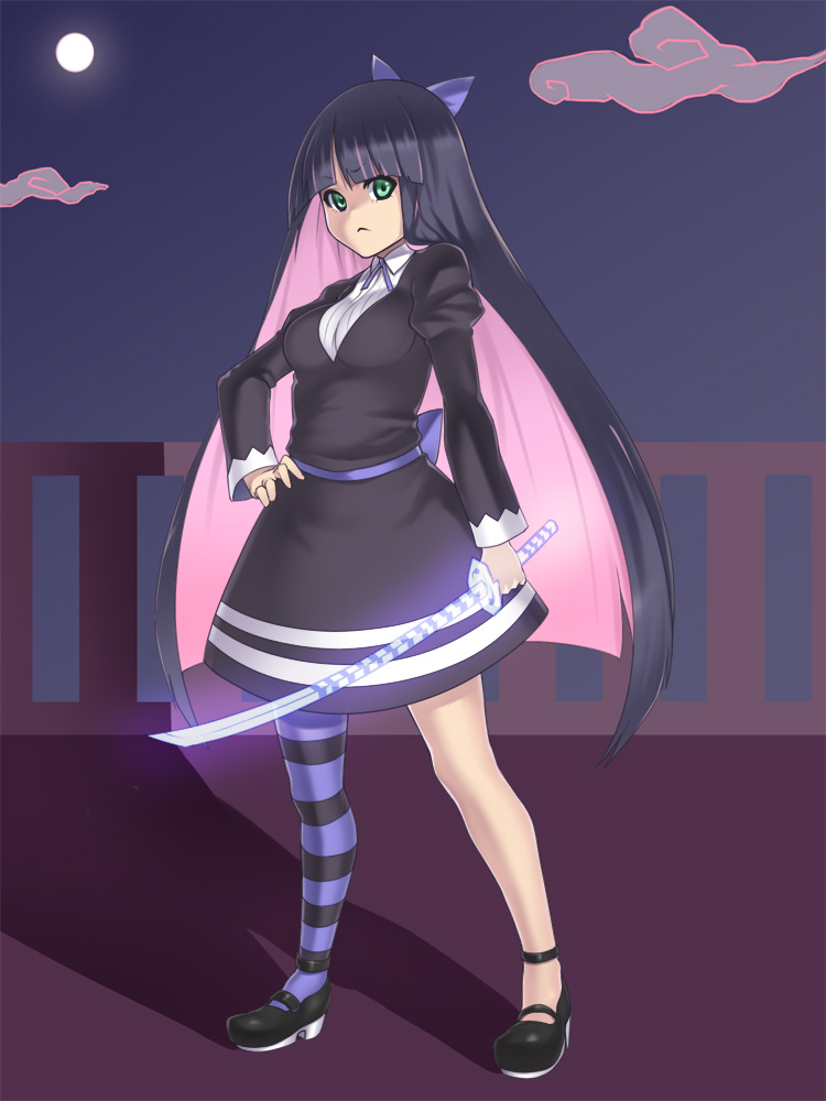 dress green_eyes hair_bow houtengeki legs long_hair multicolored_hair panty_&amp;_stocking_with_garterbelt solo stocking_(character) stocking_(psg) striped striped_legwear striped_thighhighs sword thigh-highs thighhighs two-tone_hair weapon
