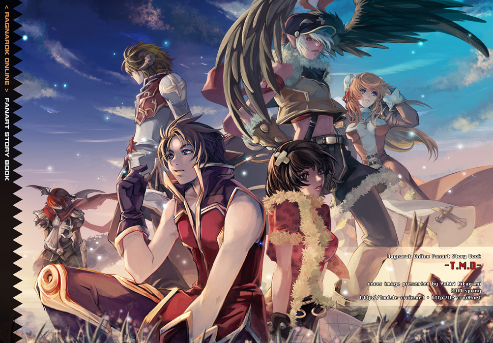 2girls 4boys armor arrow assassin_cross bandage belt blonde_hair blue_eyes brown_eyes brown_hair clouds cross dress elf_ears gloves grass group hair_over_one_eye hand_on_head hat high_priest hikagami_yukiri horn jewelry multiple_boys multiple_girls necklace open_mouth pants professor professor_(ragnarok_online) ragnarok_online red_eyes red_hair scarf short_shorts shorts sitting sky smile sniper_(ragnarok_online) sparkle squatting stalker vest white_hair wings