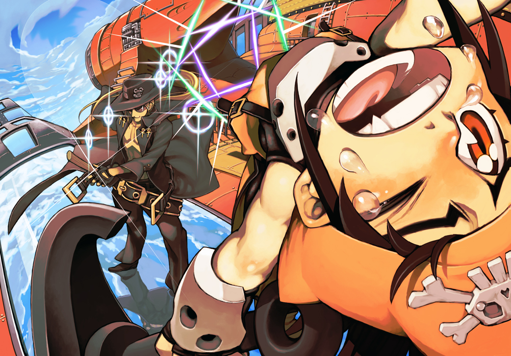 fang guilty_gear hat johnny johnny_(guilty_gear) may may_(guilty_gear) skull_and_crossbones sky sword tears weapon wink yskysk