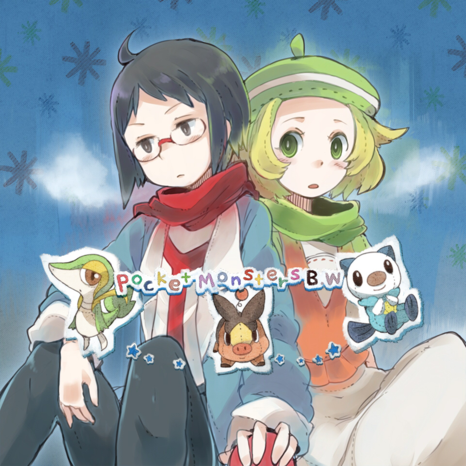 bell_(pokemon) black_eyes black_hair blonde_hair blush chachi_(azuzu) cheren_(pokemon) glasses green_eyes hat oshawott poke_ball pokemon pokemon_(game) pokemon_black_and_white pokemon_bw scarf snivy tepig