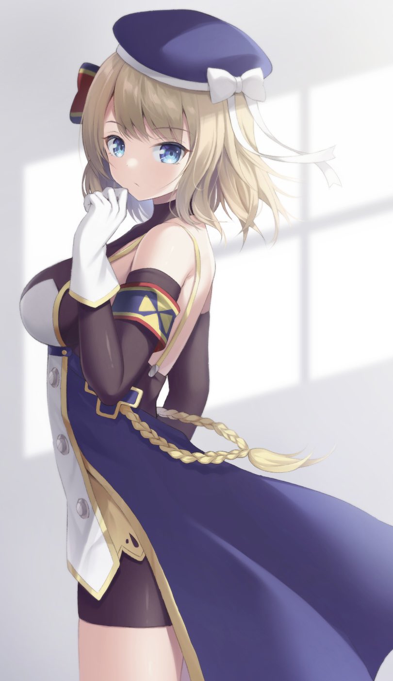 1girl azur_lane back beret bike_shorts black_gloves blue_eyes breasts buttons cowboy_shot cross double-breasted elbow_gloves eyebrows_visible_through_hair gloves gold_trim hair_between_eyes hair_ribbon hat hat_ribbon highres indoors iron_cross looking_to_the_side medium_breasts platinum_blonde_hair ribbon sakuba_nao shadow short_hair showgirl_skirt solo sunlight white_gloves white_ribbon window yellow_ribbon z23_(azur_lane)