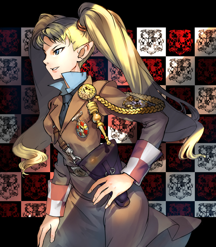 asa_(y-asa) bad_id blonde_hair blue_eyes elf holster military military_uniform necktie original pointy_ears solo twintails uniform